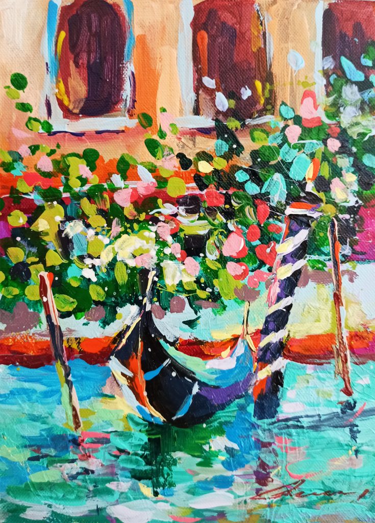 Картина пейзаж Венеции каналы и гондола на воде реке архитектура домики окна Картина масло холст
